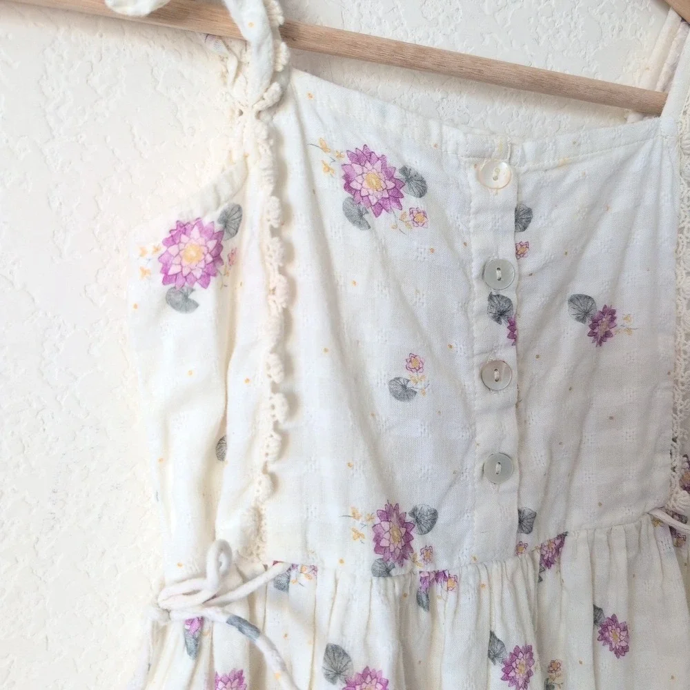 LALI Kids Dress Floral Cotton Button Front Ruffle Sleeve White Purple Girls 5 5Y